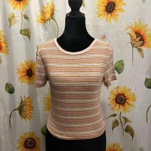 American Eagle Outfitters Ribbed Striped Short Sleeve Top - Pink, Brown, Cream
